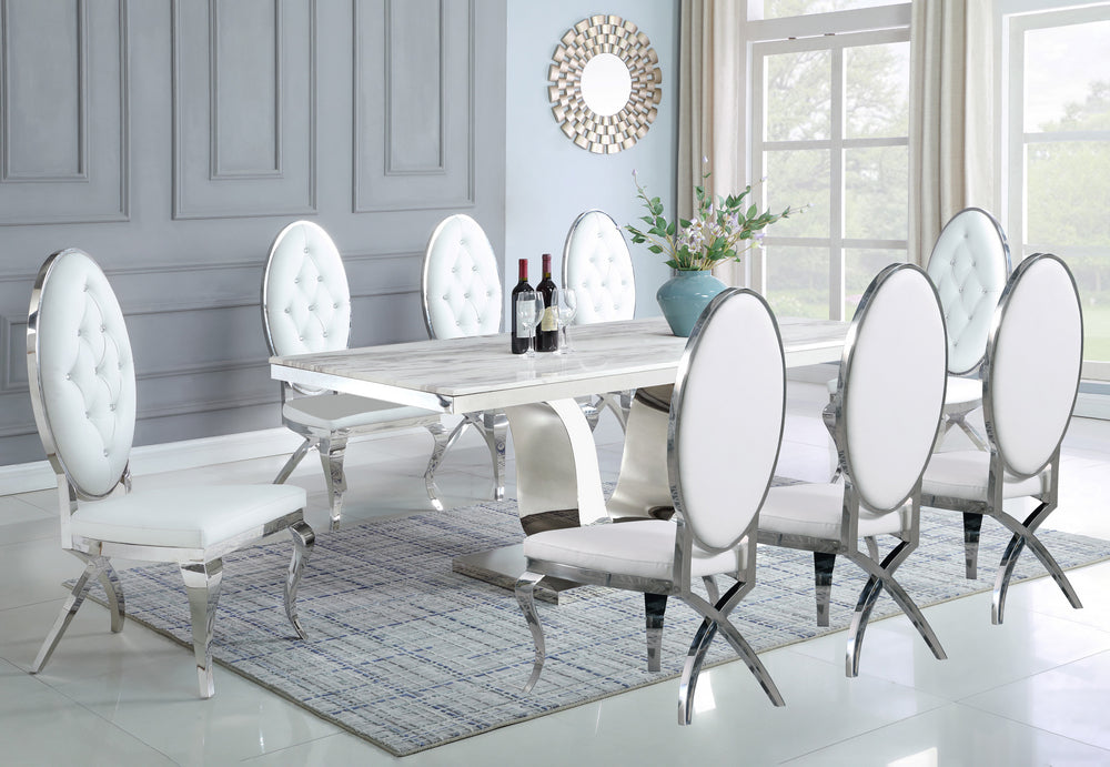 Bellamy 9Pc White Marble/White Faux Leather Dining Table Set Aetna