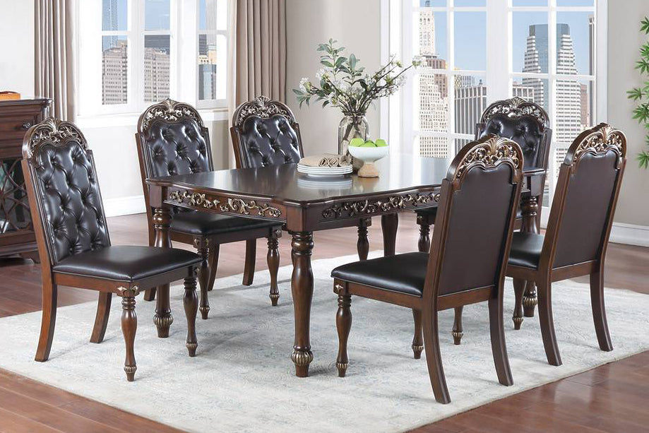 Astraea 7Pc Brown Wood/Faux Leather Dining Table Set Aetna Stores