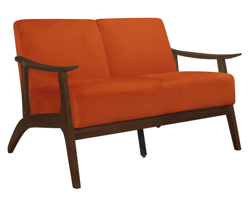 Carlson Orange Velvet Fabric Loveseat with Sloped Arms Aetna Stores