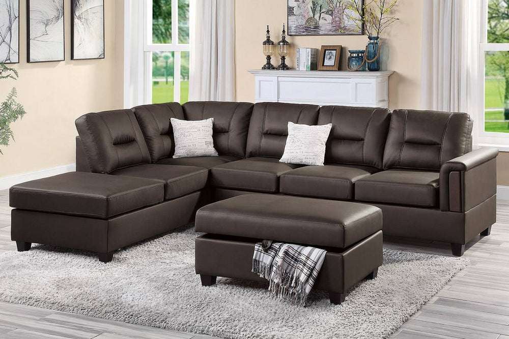 Dara Espresso Faux Leather Reversible Sectional w/Ottoman Aetna Stores