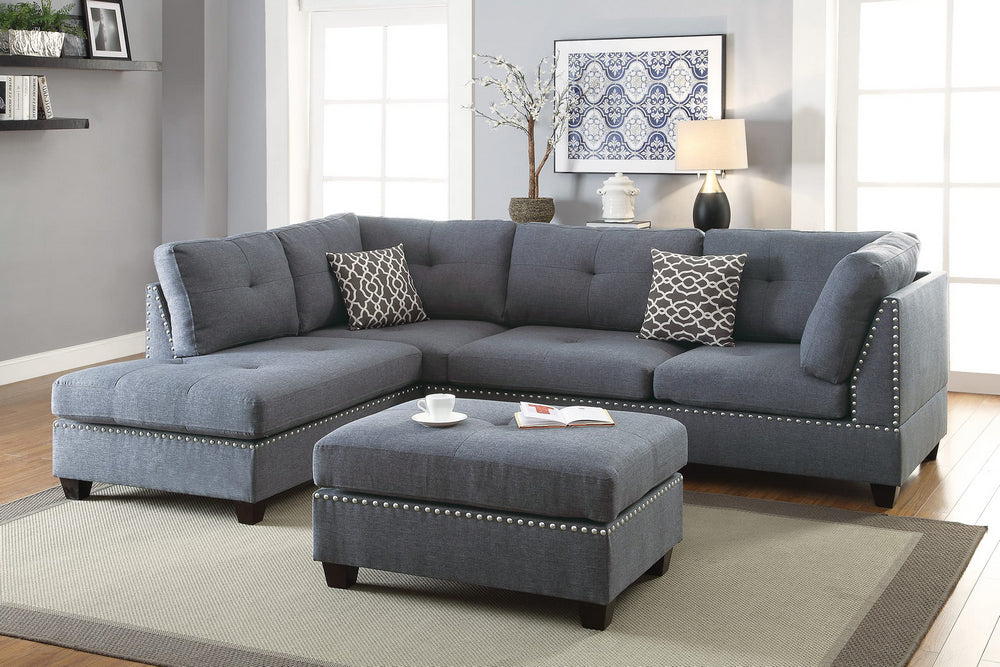 Linzi Blue Grey Fabric Reversible Sectional Sofa with Ottoman Aetna