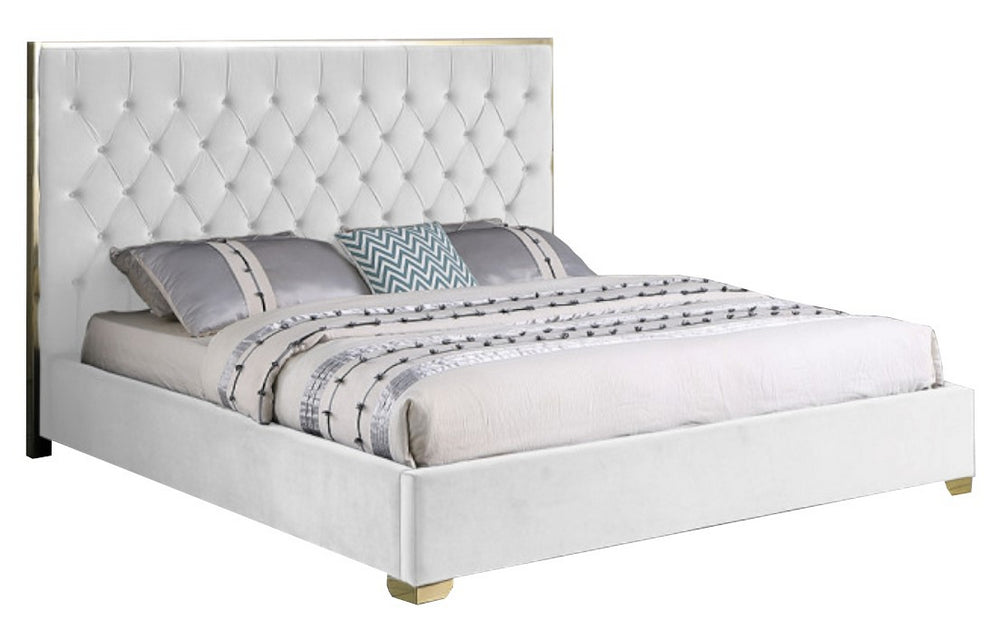 Natasha White Velour/Gold Metal Queen Bed Aetna Stores
