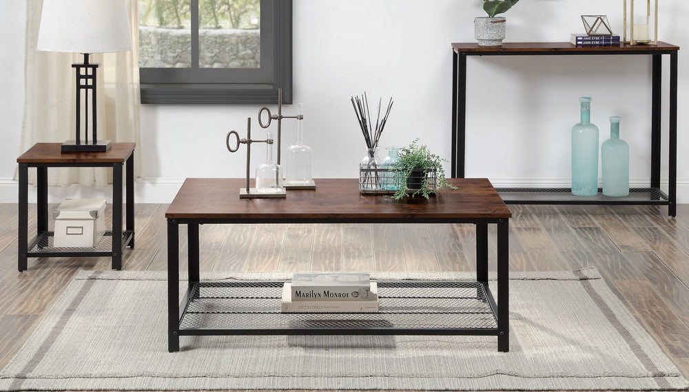 Taurus Rustic Oak Wood/Black Metal End Table with Mesh Shelf Aetna Stores