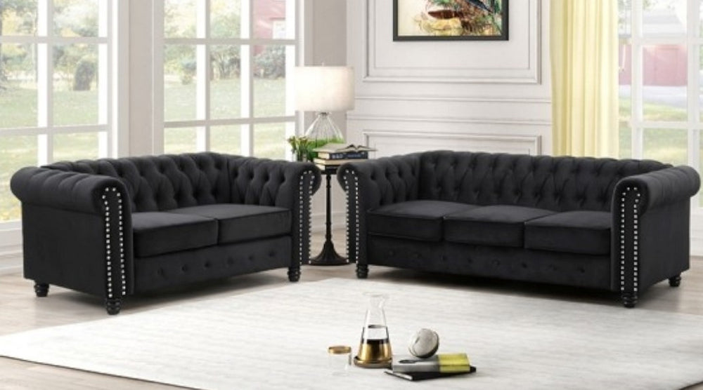 Venice 2Pc Black Velvet Tufted Sofa Set Aetna Stores