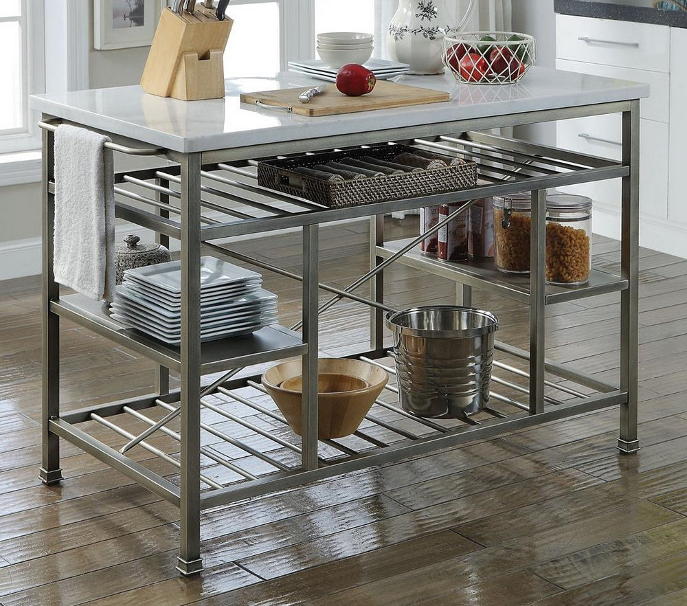 Lanzo Marble/Antique Pewter Metal Kitchen Island with 4 Shelves Aetna