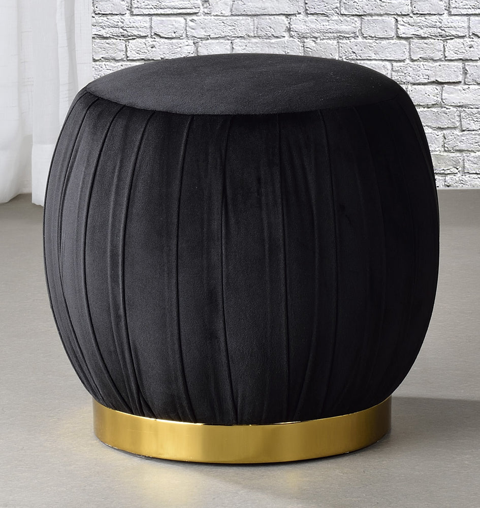 Zinnia Black Velvet Round Ottoman with Gold Base Aetna Stores