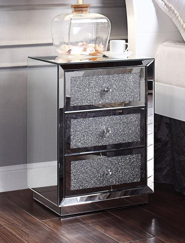 Rekha Mirrored 3Drawer Nightstand with Faux Crystals Inlay Aetna Stores