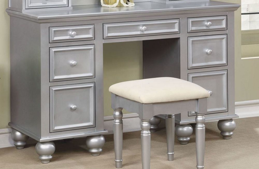 Athy Silver Wood Vanity with Mirror & Stool Aetna Stores