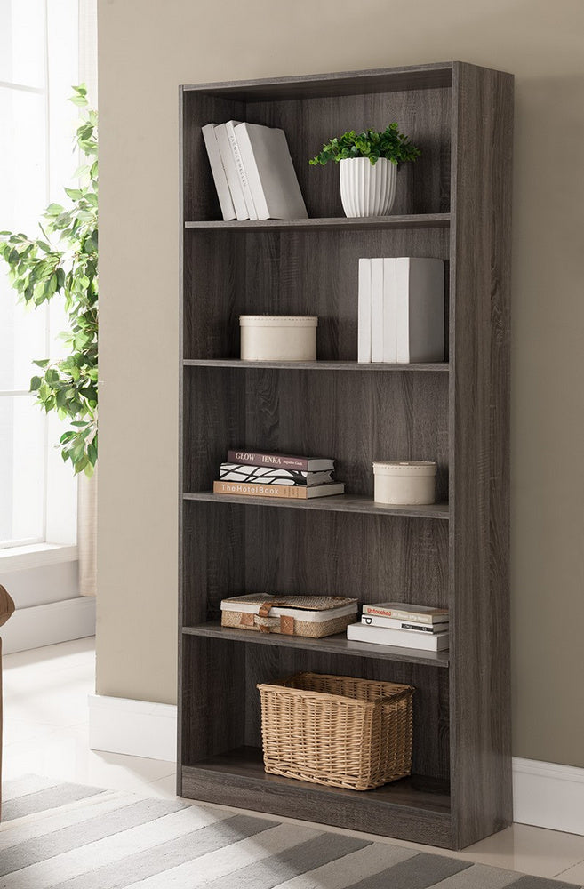 Giada Distressed Grey Wood Bookcase with 5 Open Shelves Aetna Stores
