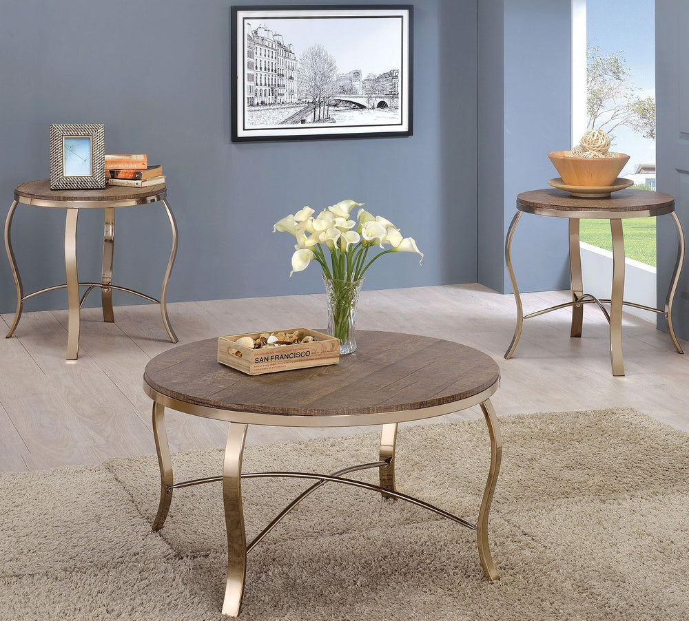 Wicklow 3Pc Rustic Oak/Gold Metal Table Set Aetna Stores