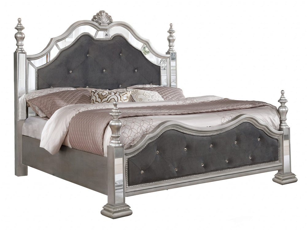 Marilena 5-Pc Gray Velvet/Metallic Gray Wood Queen Bedroom Set