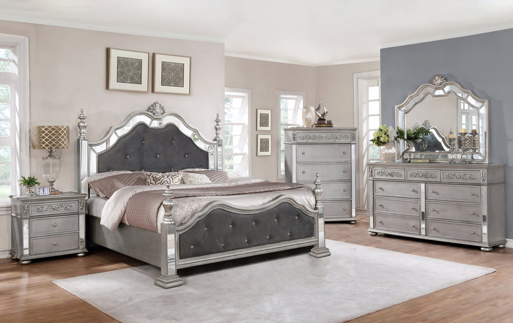 Marilena 5-Pc Gray Velvet/Metallic Gray Wood Queen Bedroom Set