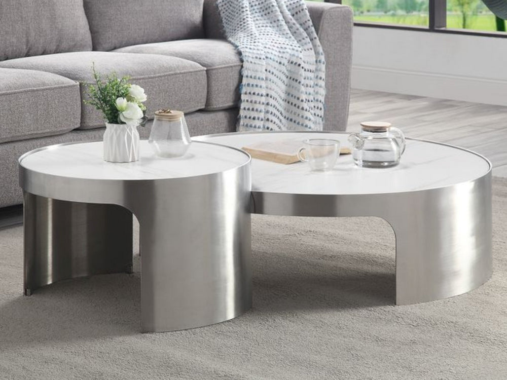 Abilene 2-Pc Faux Marble/Brush Silver Metal Nesting Table Set