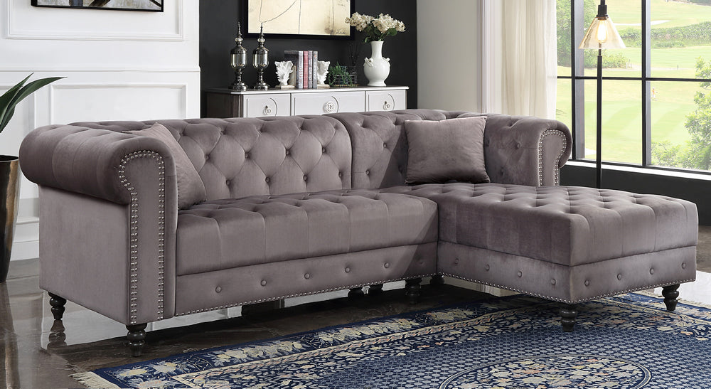 Adnelis Gray Velvet Button Tufted RAF Sectional Sofa