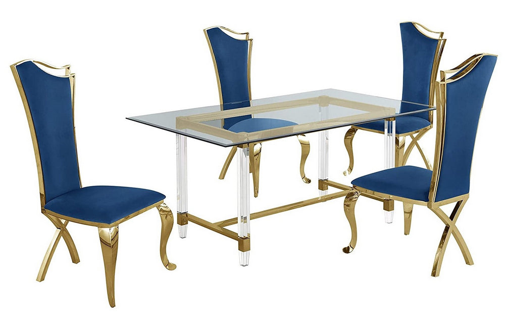 Aenor 5-Pc Navy Blue Velvet Dining Table Set