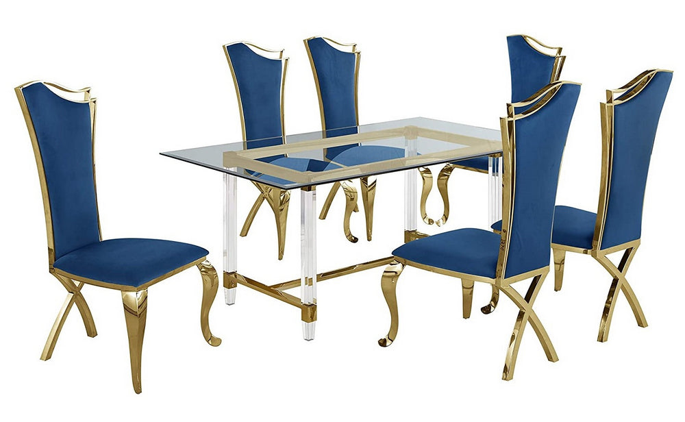 Aenor 7-Pc Navy Blue Velvet Dining Table Set