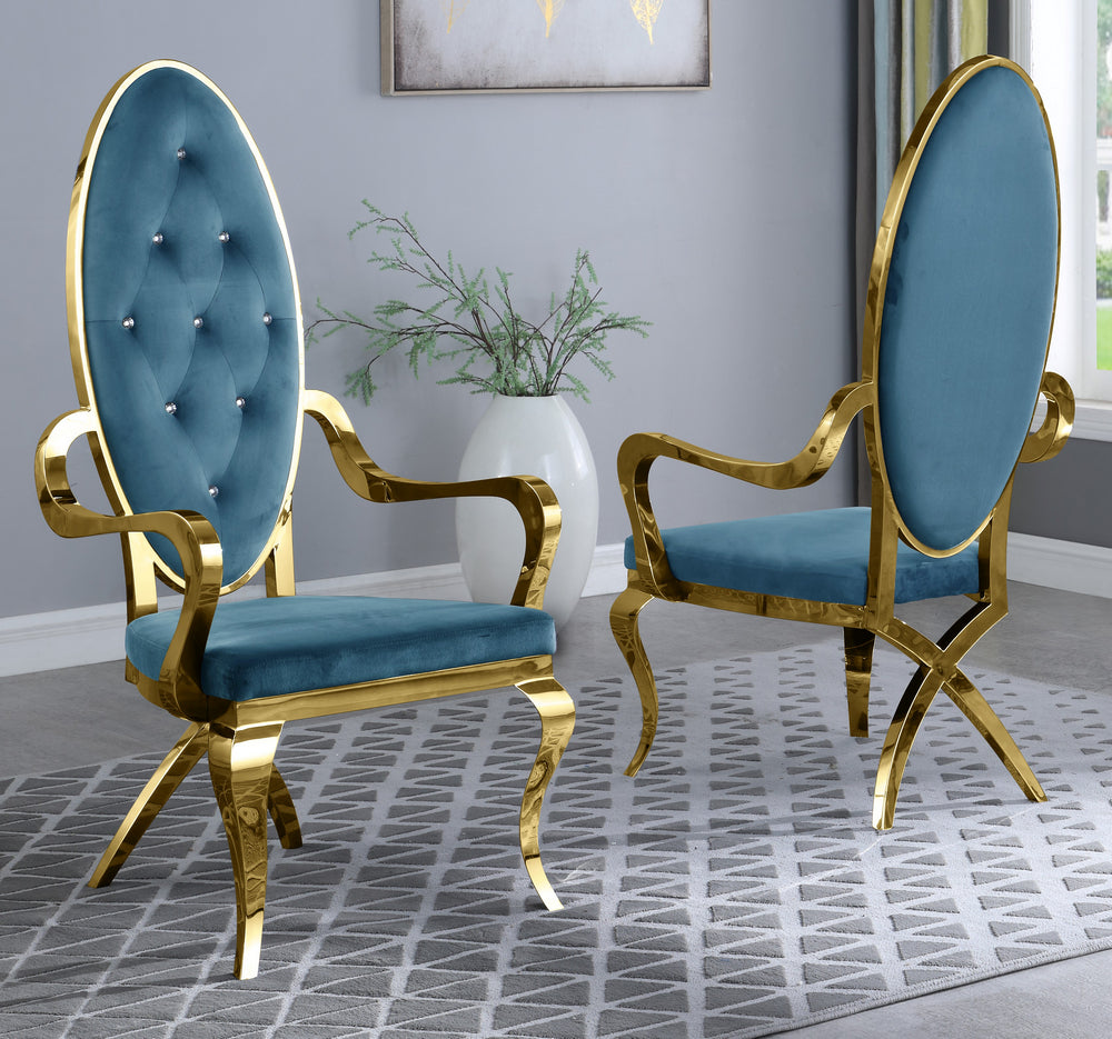 Alyse 2 Teal Blue Velvet/Gold Metal Arm Chairs
