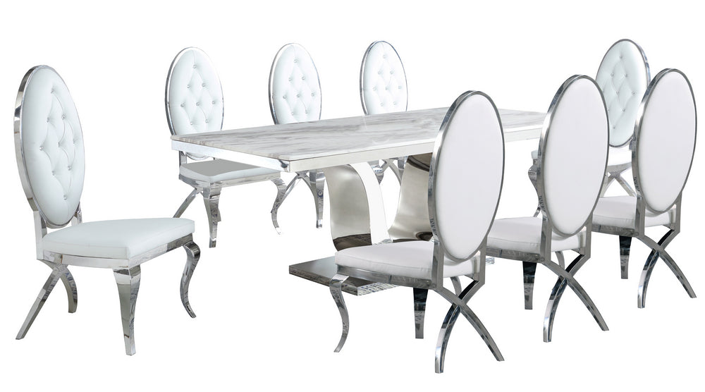 Bellamy 9-Pc White Marble/White Faux Leather Dining Table Set