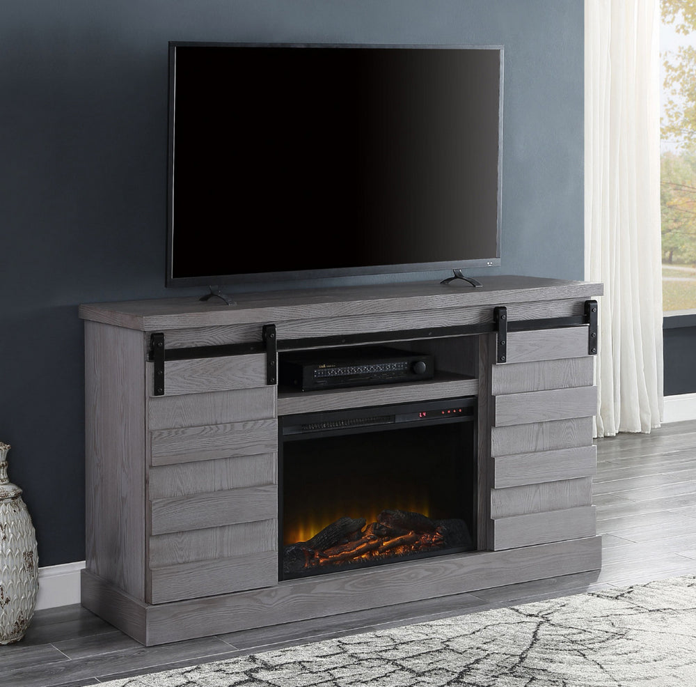 Amrita Gray Oak Wood TV Stand with LED Electric Fireplace