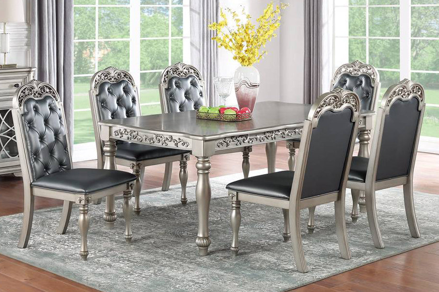 Astraea 7-Pc Silver Wood/Grey Faux Leather Dining Table Set