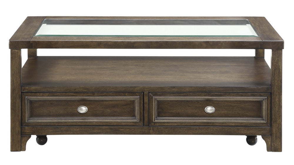 Auburn Brown Gray Wood Cocktail Table with Glass Insert