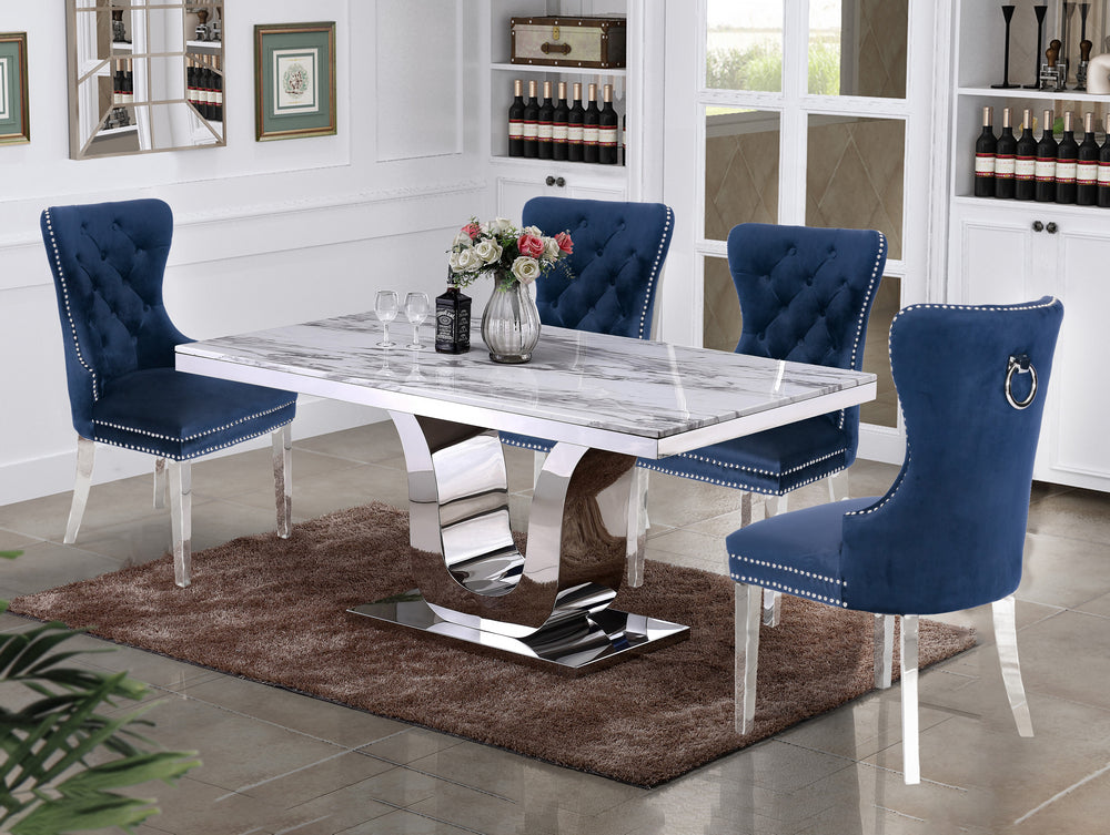 Bellamy 5-Pc White Marble/Navy Blue Dining Table Set