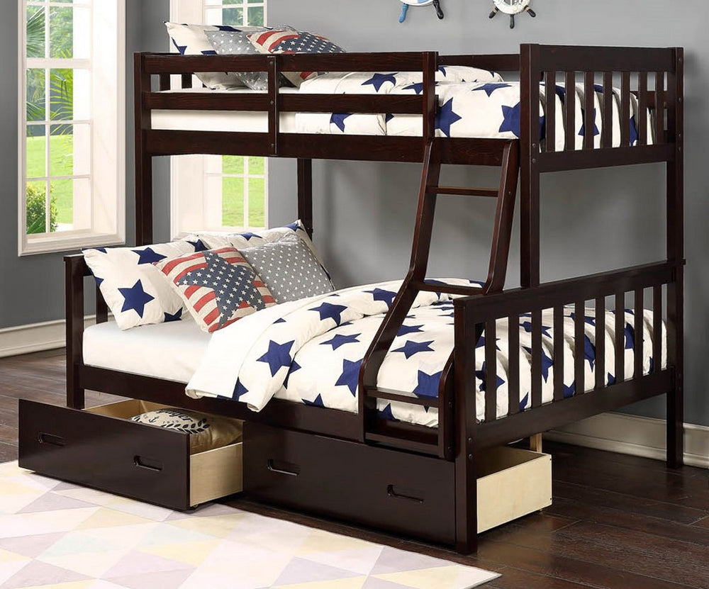 Blerta Espresso Wood Twin over Full Bunk Bed w/ Drawers