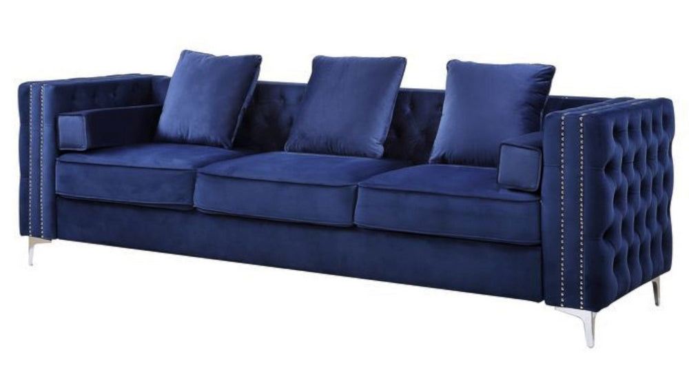 Bovasis Blue Velvet Tufted Sofa with Nailhead Trim