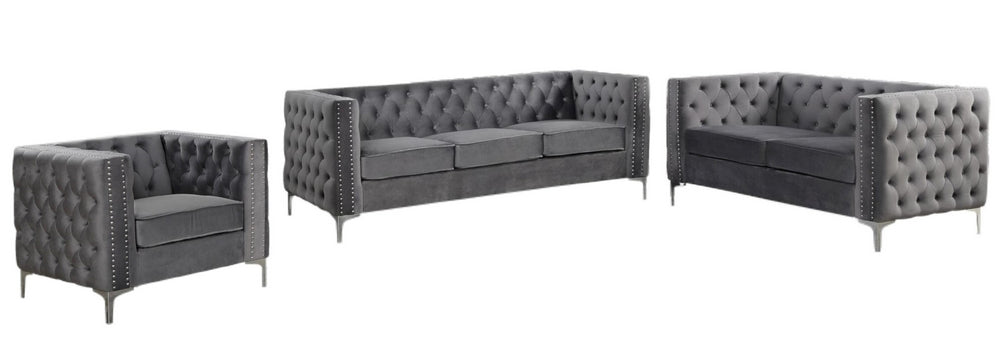 Chantria 3-Pc Grey Velvet Tufted Sofa Set