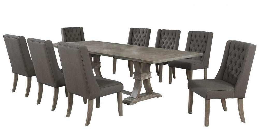 Carlie 9-Pc Gray Linen/Wood Dining Table Set