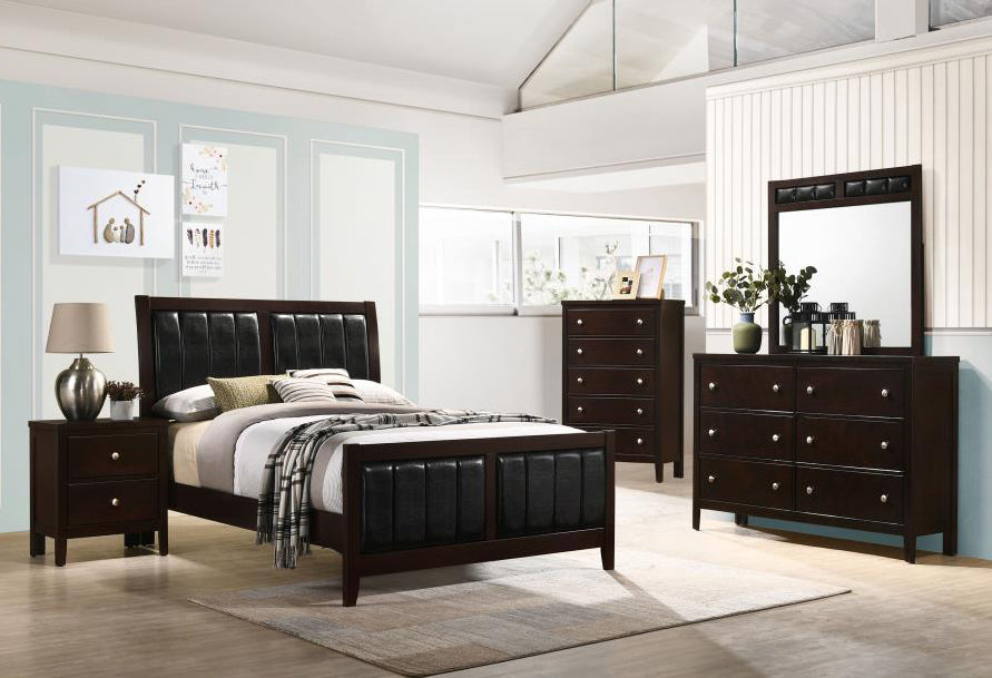 Carlton 5-Pc Cappuccino Wood/Black Leatherette Cal King Bedroom Set