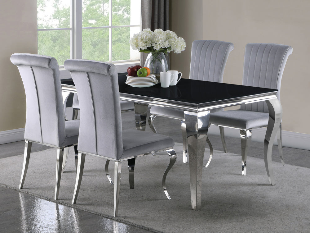 Carone 5-Pc Black Glass/Grey Velvet/Metal Dining Table Set