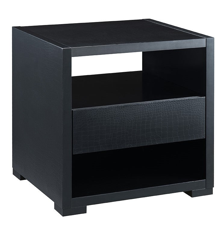 Chalice Black Wood End Table with Drawer & Shelves