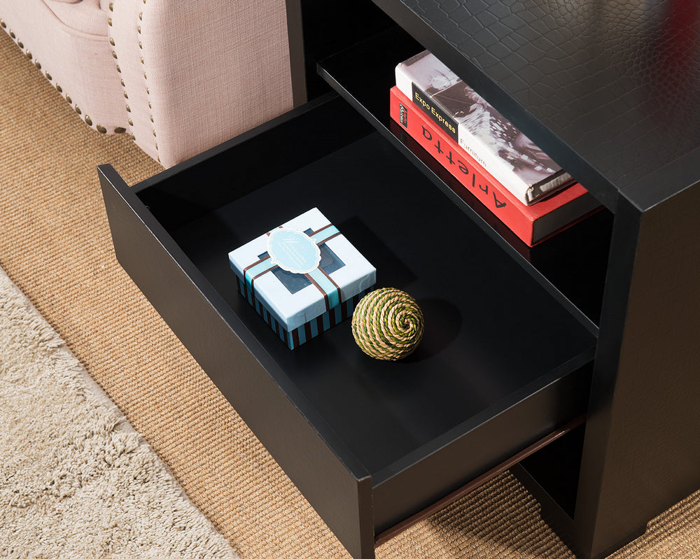 Chalice Black Wood End Table with Drawer & Shelves