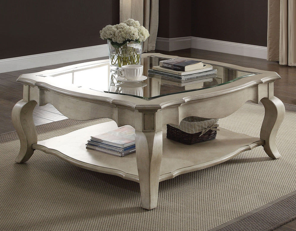 Chelmsford Antique Taupe Wood Coffee Table with Square Glass Top