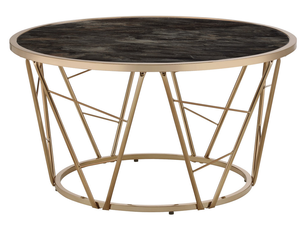 Cicatrix Black Faux Marble Print Glass/Champagne Coffee Table