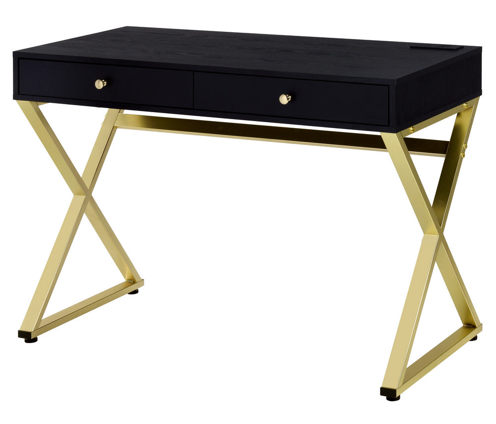 Coleen Black Wood/Brass Metal 2-Drawer Writing Desk with USB