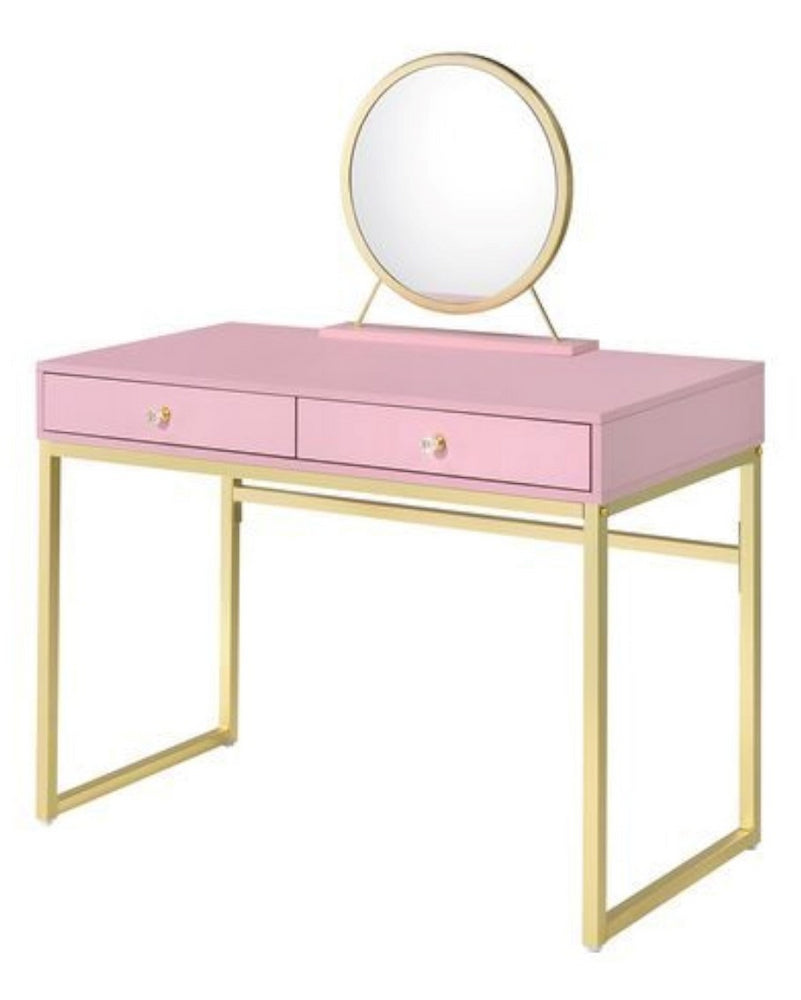 Coleen Pink Wood/Gold Metal Vanity Table with Mirror