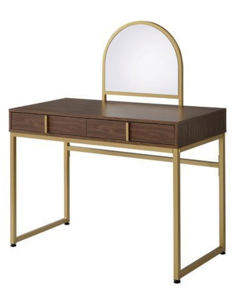 Coleen Walnut Wood/Gold Finish Metal Vanity Table with Mirror