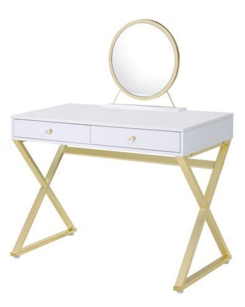 Coleen White Wood/Gold Metal Vanity Table with Mirror