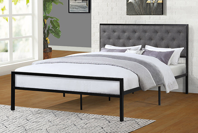 Cooper Gray Linen Fabric/Black Metal Full Platform Bed