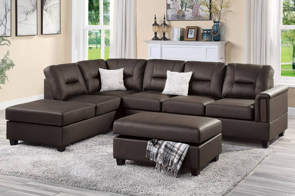 Dara Espresso Faux Leather Reversible Sectional w/Ottoman