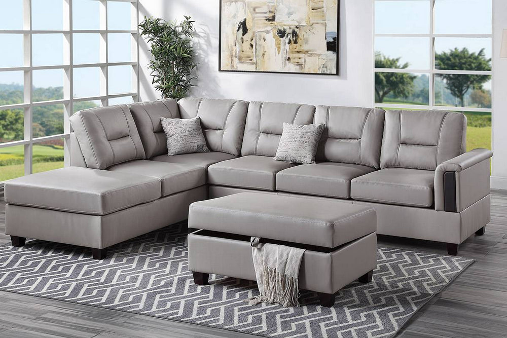 Dara Light Grey Faux Leather Reversible Sectional w/Ottoman