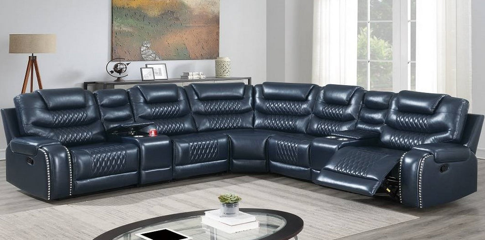 Davena 7-Pc Navy Blue Leather Gel Manual Recliner Sectional