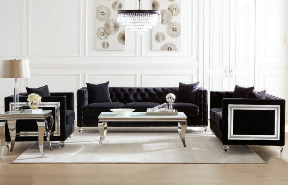 Delilah Glam 3-Pc Black Velvet Sofa Set