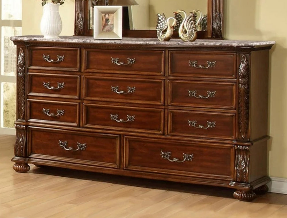 Devi Cherry Wood/Marble 11-Drawer Dresser