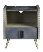 Doris Gray Metal/Top Grain Leather Nightstand with USB