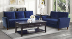 Dunleith Blue Velvet Fabric Loveseat with Flared Arms