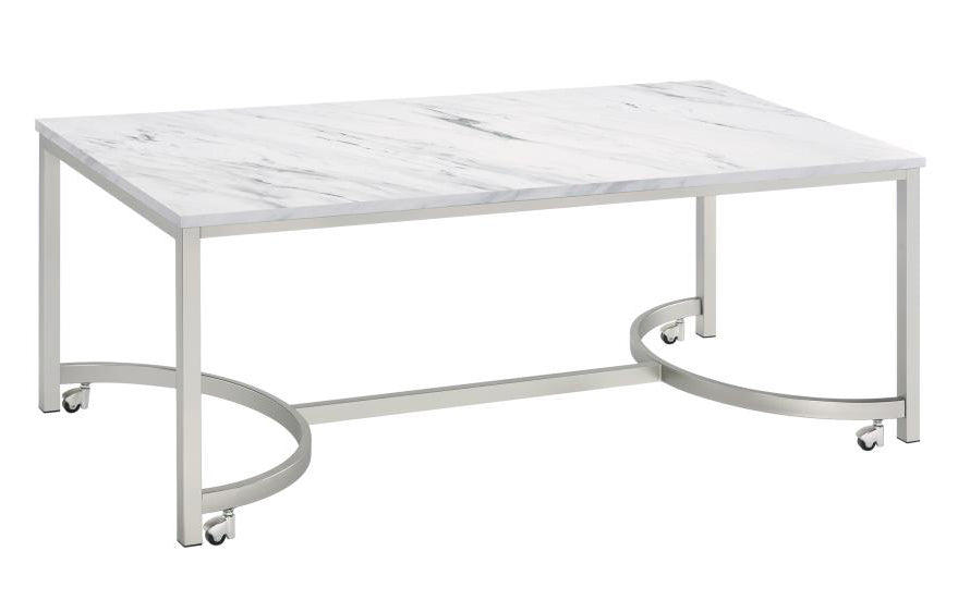 Elliana White Faux Marble/Satin Nickel Metal Coffee Table