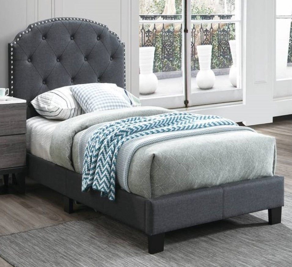 Enni Charcoal Burlap Twin Bed with Button Tufted Headboard